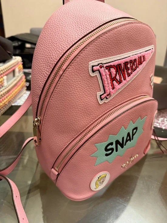 kate spade pink Riverdale backpack with mint SNAP patch and playful decals - Picture 3 of 7